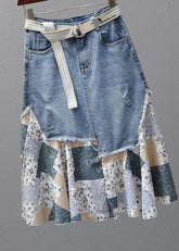 Denimblauer Patchwork-Maxirock mit hoher Taille